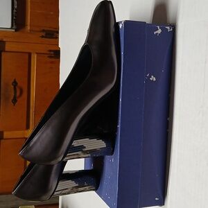 Stuart Weitzman Black Pumps w/ Mirror Panel Column Heels Leather Sole Size 10